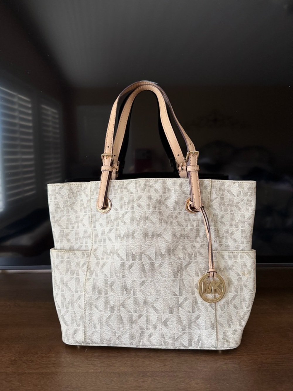 Michael Kors Cream Monogram Tote with Tan Leather Handles